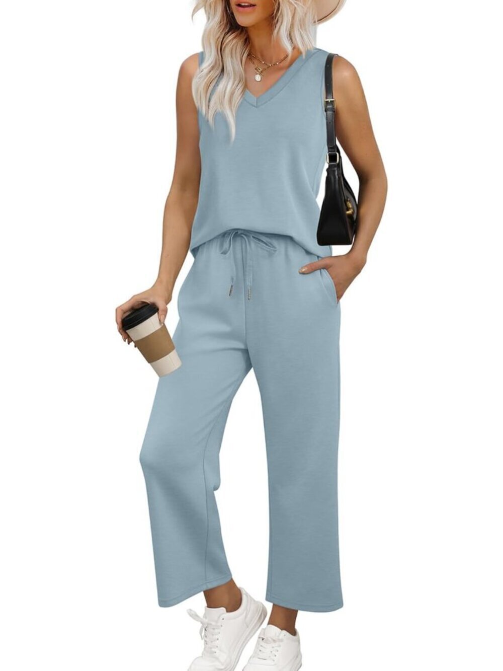 Two Piece Set for Women Summer Outfits Vacation Trendy Lounge Sets V Neck Matchi